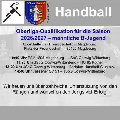 💙❤️Unsere männliche B-Jugend startet in die neue Saison in einer Spielgemeinschaft mit Grün-Weiß Wittenberg/Piesteritz.
Am Wochenende geht es nach Magdeburg in das Qualifikationsturnier! Die Daumen sind gedrückt!💙❤️